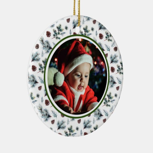 De eerste kerstfoto van baby's op wit keramisch ornament (Rechts)