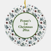 De eerste kerstfoto van baby's op wit keramisch ornament (Achterkant)