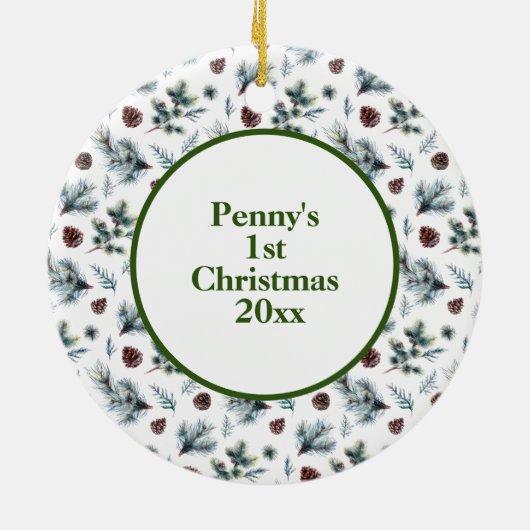 De eerste kerstfoto van baby's op wit keramisch ornament (Achterkant)