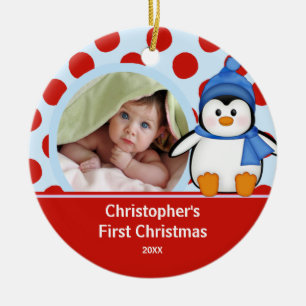 De eerste kerstfoto van baby's Penguin Keramisch Ornament