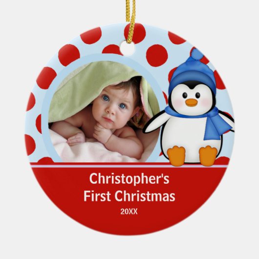 De eerste kerstfoto van baby's Penguin Keramisch Ornament (Voorkant)