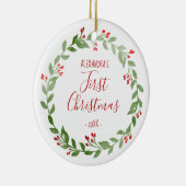 De eerste kerstfoto van baby's Rood Keramisch Ornament (Rechts)