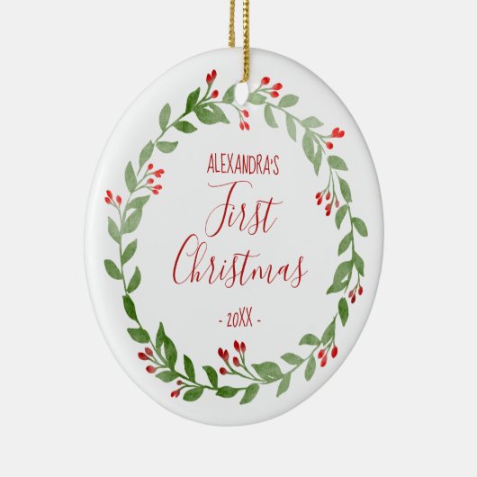 De eerste kerstfoto van baby's Rood Keramisch Ornament (Rechts)