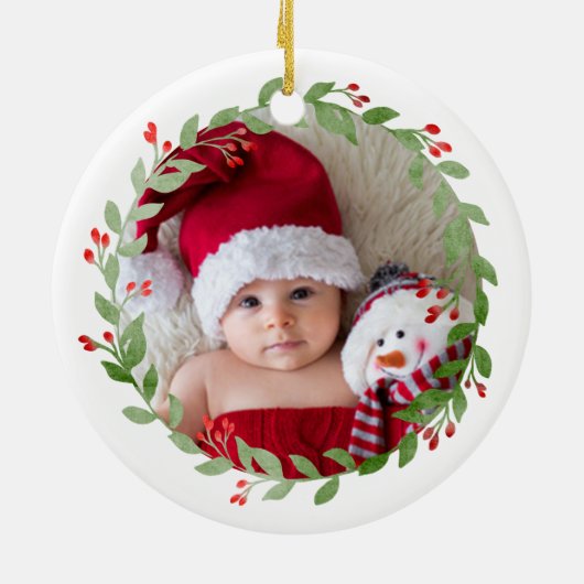 De eerste kerstfoto van baby's Rood Keramisch Ornament (Achterkant)