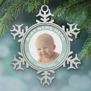 De eerste kerstfoto van de baby: Aangepaste naam e Tin Sneeuwvlok Ornament