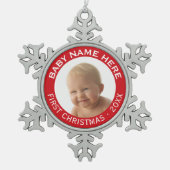 De eerste kerstfoto van de baby: Aangepaste naam e Tin Sneeuwvlok Ornament (Voorkant)