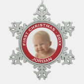 De eerste kerstfoto van de baby: Aangepaste naam e Tin Sneeuwvlok Ornament (Voorkant)