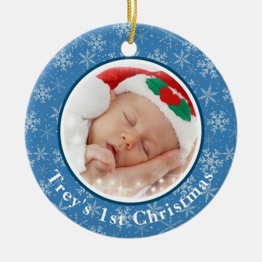 De eerste kerstfoto van de baby Blauw / Witte snee Keramisch Ornament (Voorkant)