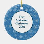 De eerste kerstfoto van de baby Blauw / Witte snee Keramisch Ornament (Achterkant)