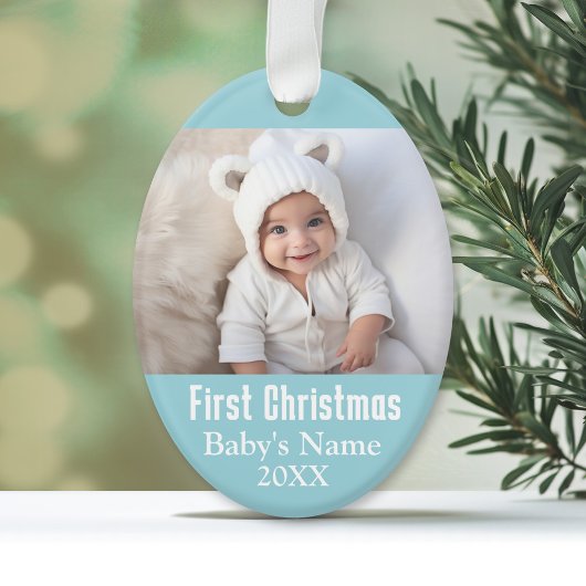 De eerste kerstfoto van de baby - Blue Boy Backgro Ornament
