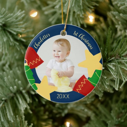 De eerste kerstfoto van de  baby keramisch ornament (Boom)