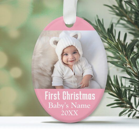 De eerste kerstfoto van de baby Roze meisje Achter Ornament