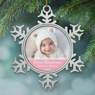 De eerste kerstfoto van de baby Roze meisje Achter Tin Sneeuwvlok Ornament
