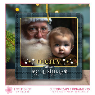 De eerste kerstfoto van de Classic Plaid Baby Keramisch Ornament