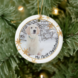 De eerste kerstfoto van de hond: Gold Snowflakes Keramisch Ornament