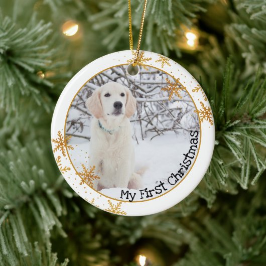 De eerste kerstfoto van de hond: Gold Snowflakes Keramisch Ornament (Boom)
