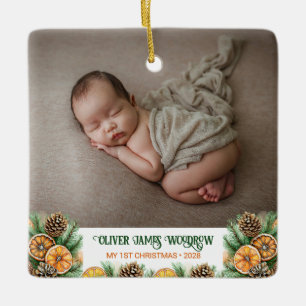 De eerste kerstfoto van de moderne baby keramisch ornament
