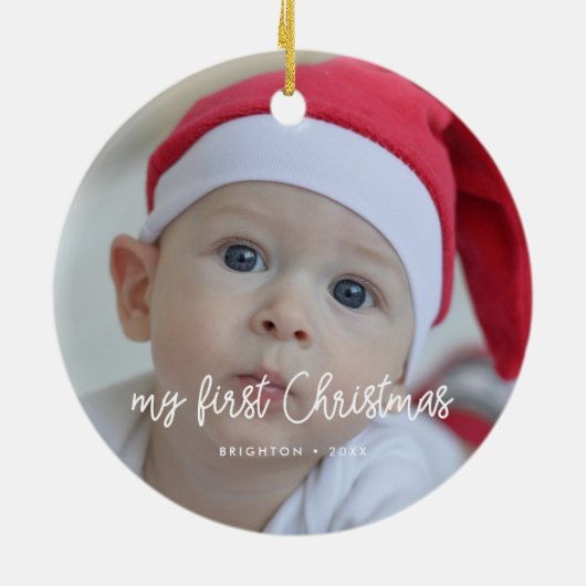 De eerste kerstfoto van de moderne baby keramisch ornament (Achterkant)