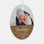 De eerste kerstfoto van de moderne Faux Wood Baby Metalen Ornament (Voorkant Rechts)