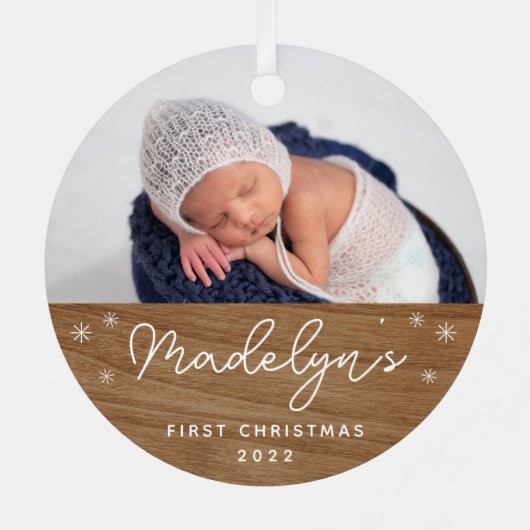 De eerste kerstfoto van de moderne Faux Wood Baby Metalen Ornament (Achterkant)