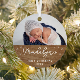De eerste kerstfoto van de moderne Faux Wood Baby Metalen Ornament