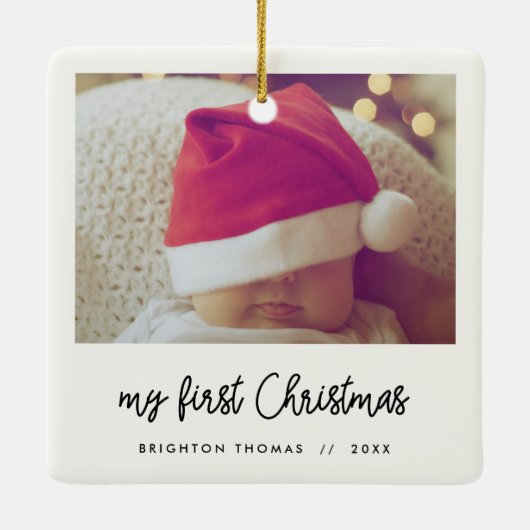 De eerste kerstfoto van de moderne script Baby Keramisch Ornament (Achterkant)