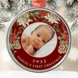 De eerste kerstfoto van de rijke rode baby metalen ornament