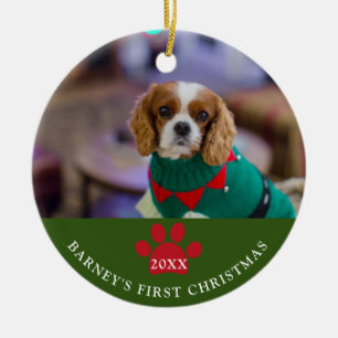 De eerste kerstfoto van Dog Green Keramisch Ornament