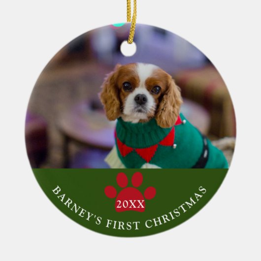 De eerste kerstfoto van Dog Green Keramisch Ornament (Voorkant)