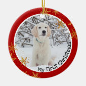 De eerste kerstfoto van Dog Red Gold Snowflakes Fo Keramisch Ornament (Voorkant)
