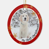 De eerste kerstfoto van Dog Red Gold Snowflakes Fo Keramisch Ornament (Links)