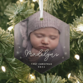 De eerste kerstfoto van een minieme baby glas ornament