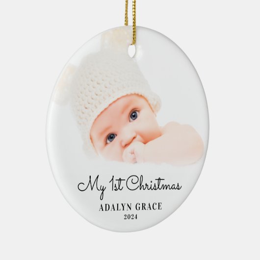 De eerste kerstfoto van Elegant Script Baby: Ceram Keramisch Ornament (Rechts)
