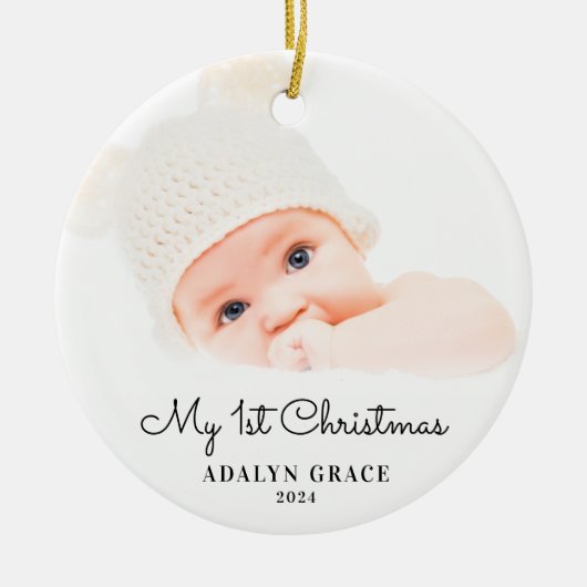 De eerste kerstfoto van Elegant Script Baby: Ceram Keramisch Ornament (Voorkant)