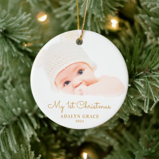 De eerste kerstfoto van Elegant Script Baby Gold Keramisch Ornament (Boom)