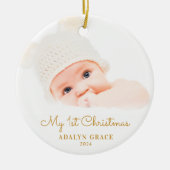 De eerste kerstfoto van Elegant Script Baby Gold Keramisch Ornament (Voorkant)