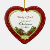 De eerste kerstfoto van het paar samen Kerstmis Keramisch Ornament (Achterkant)