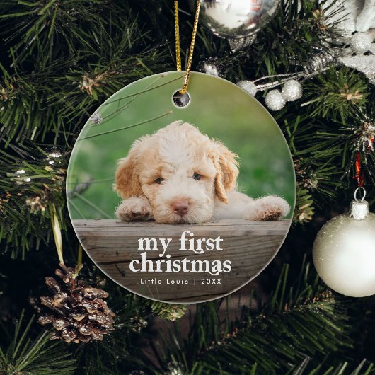 De eerste kerstfoto van Modern Dog Keramisch Ornament