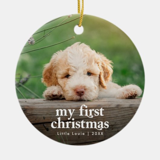 De eerste kerstfoto van Modern Dog Keramisch Ornament (Voorkant)