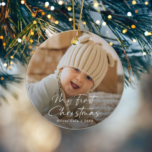 De eerste kerstfoto van Modern Script Baby Keramisch Ornament