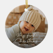 De eerste kerstfoto van Modern Script Baby Keramisch Ornament (Voorkant)