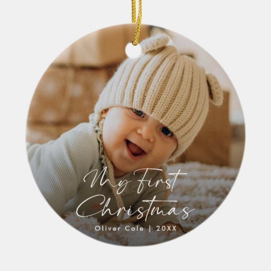 De eerste kerstfoto van Modern Script Baby Keramisch Ornament (Voorkant)