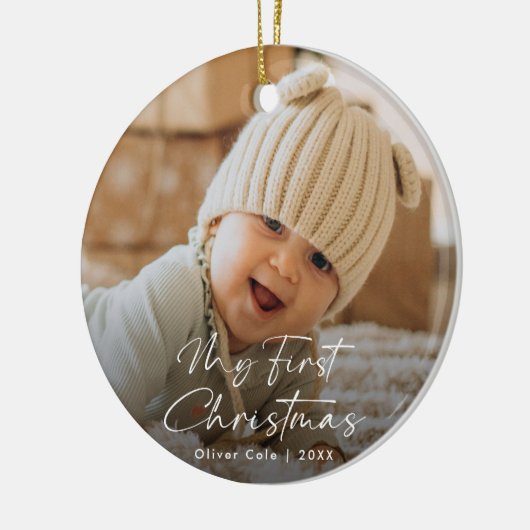 De eerste kerstfoto van Modern Script Baby Keramisch Ornament (Links)