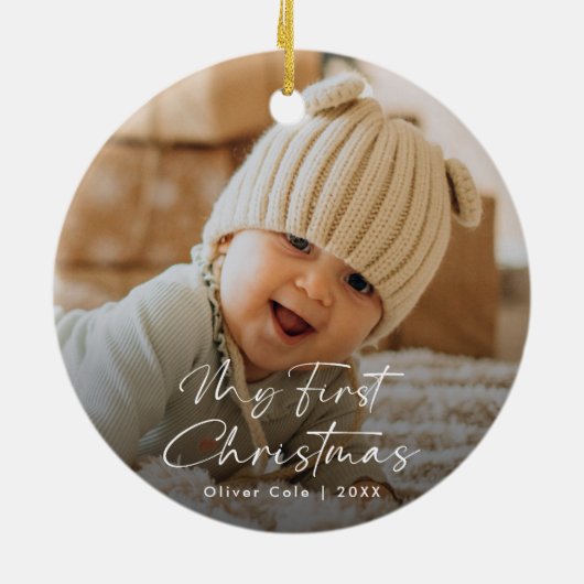 De eerste kerstfoto van Modern Script Baby Keramisch Ornament (Achterkant)