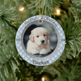 De eerste kerstfoto van Puppy Blue Paw afdrukken Keramisch Ornament