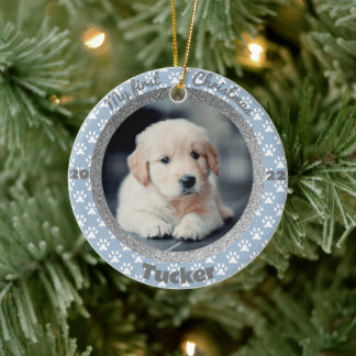 De eerste kerstfoto van Puppy Blue Paw afdrukken Keramisch Ornament