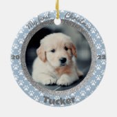 De eerste kerstfoto van Puppy Blue Paw afdrukken Keramisch Ornament (Achterkant)