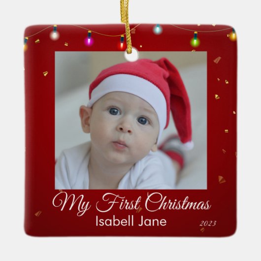 De eerste kerstfoto van Retro script Baby Keramisch Ornament (Voorkant)