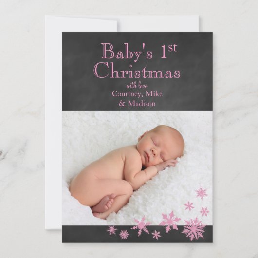 De eerste kerstfotokaart voor baby's in roze feestdagenkaart (Voorkant)