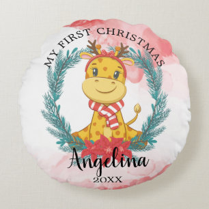 De eerste kerstGiraffe van de baby Poinsettia Wrea Rond Kussen